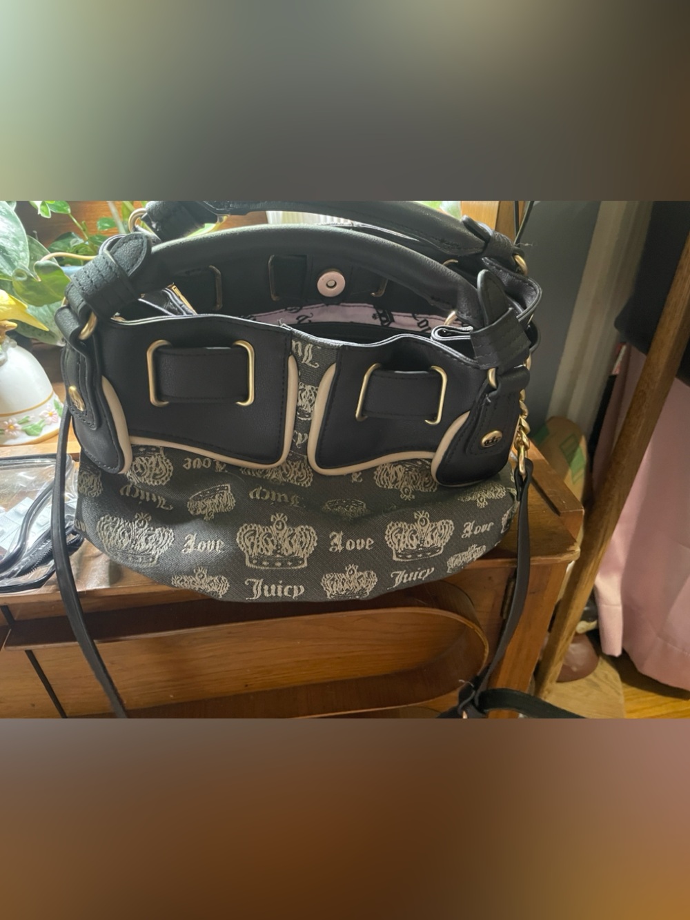 Juicy Couture Black and Cream Signature Logo Shoulder Bag